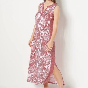 Susan Graver Passport Printed Liquid Knit Maxi Dress Red/White Paisley 1X Summer